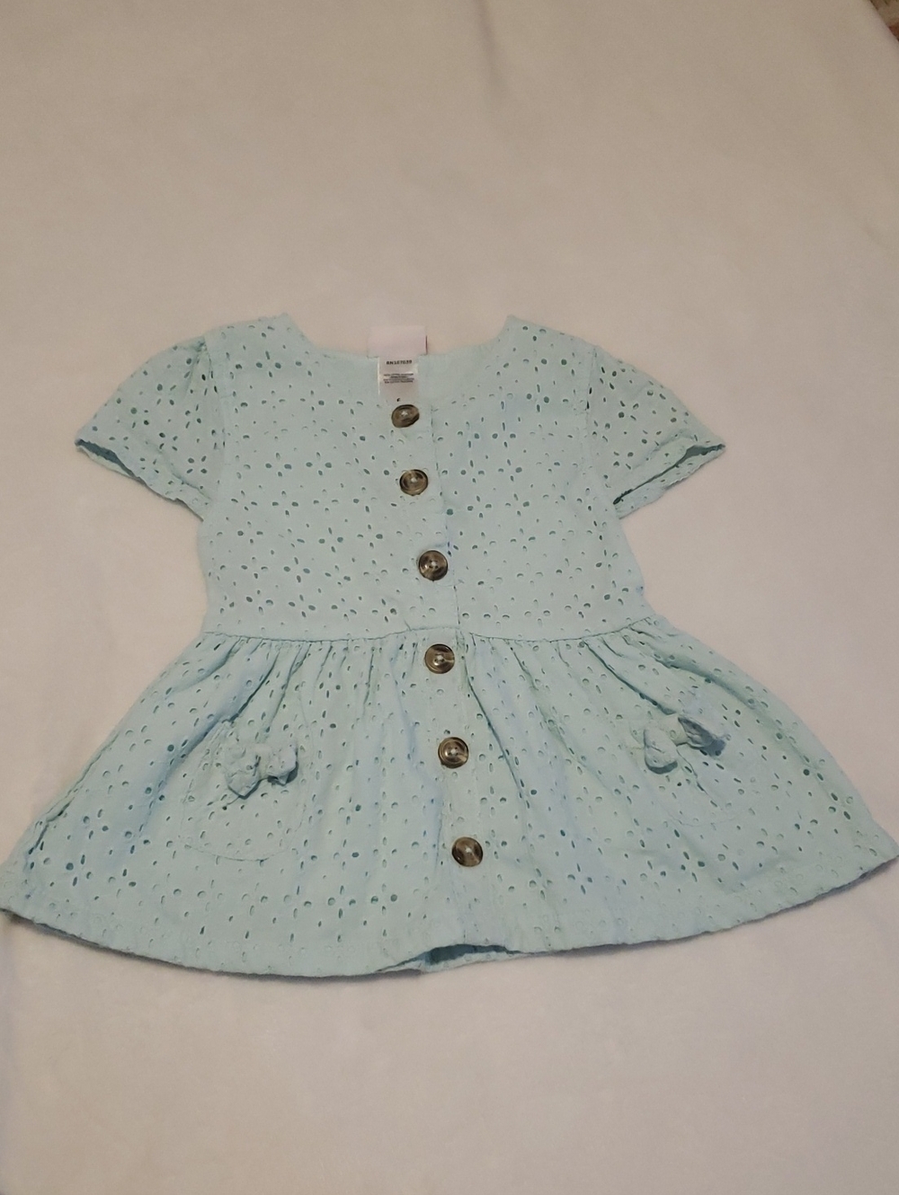 Girls' Light Blue Eyelet Button-Front Dress with Bow Pockets